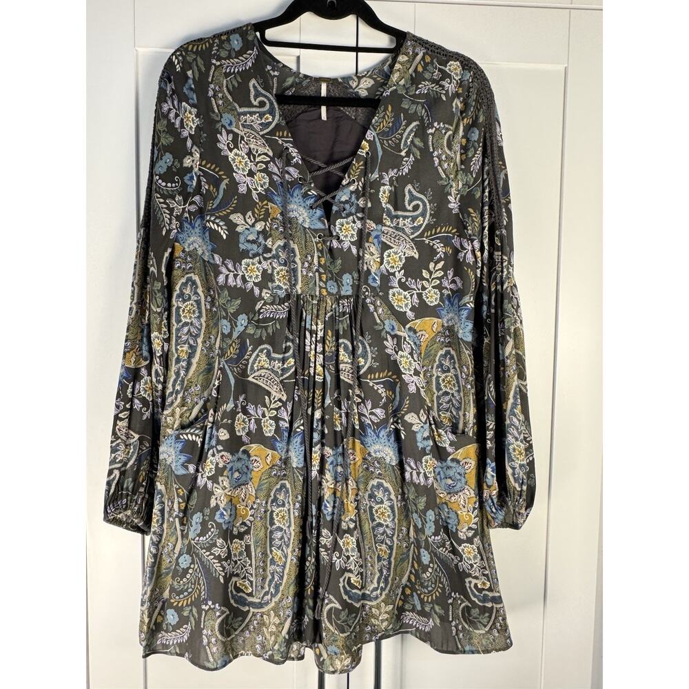 Free People Paisley Lace Up Boho Tunic Dress Crochet Shoulder Mini Peasant Small